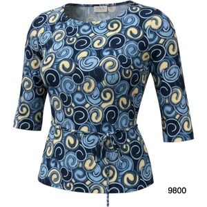MKM Designs Blouse Top Womens XL Blue Beige Swirl Pattern Tie Waist 3/4 Sleeve